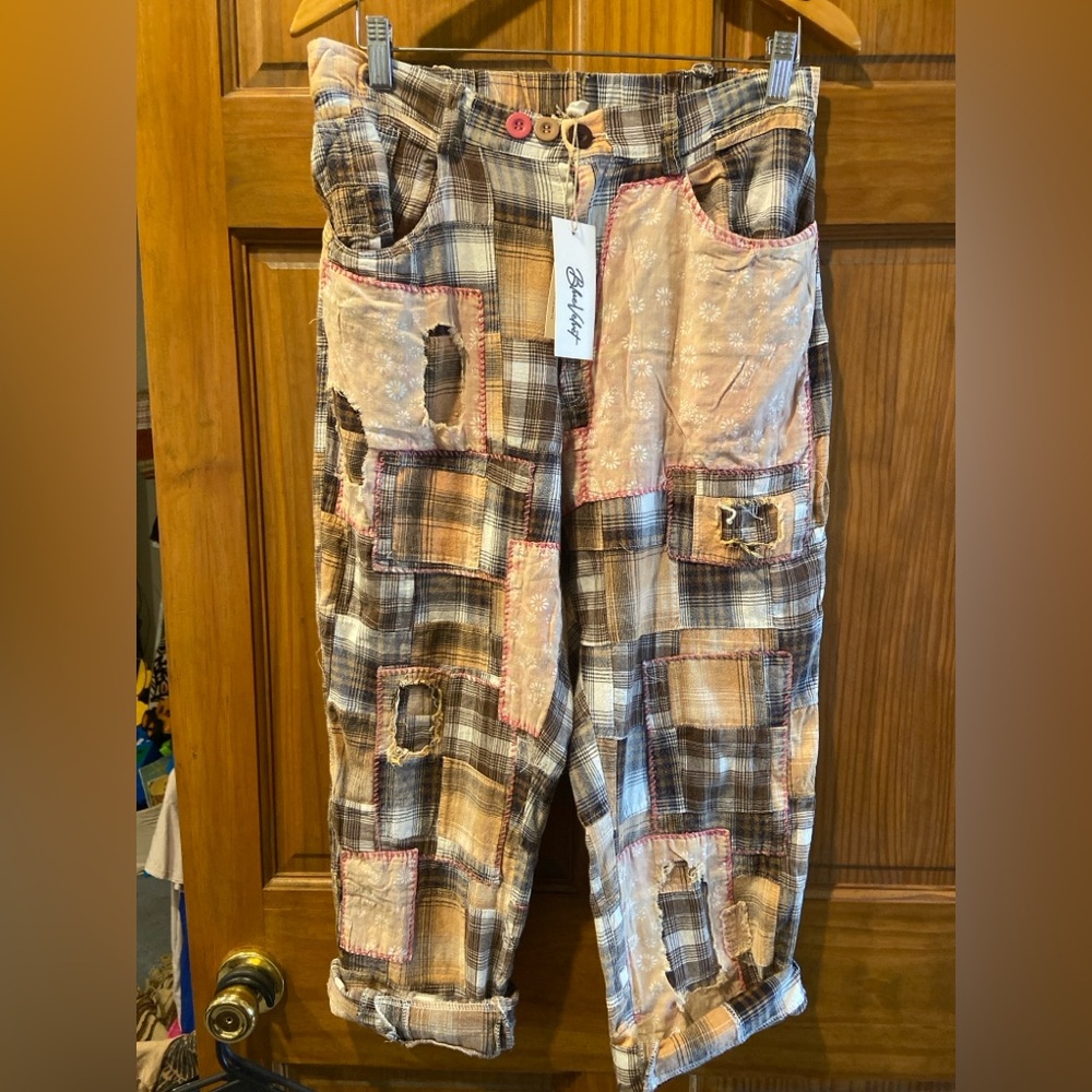 Boho Plaid Patchwork Women’s Pants - Pink & Brown